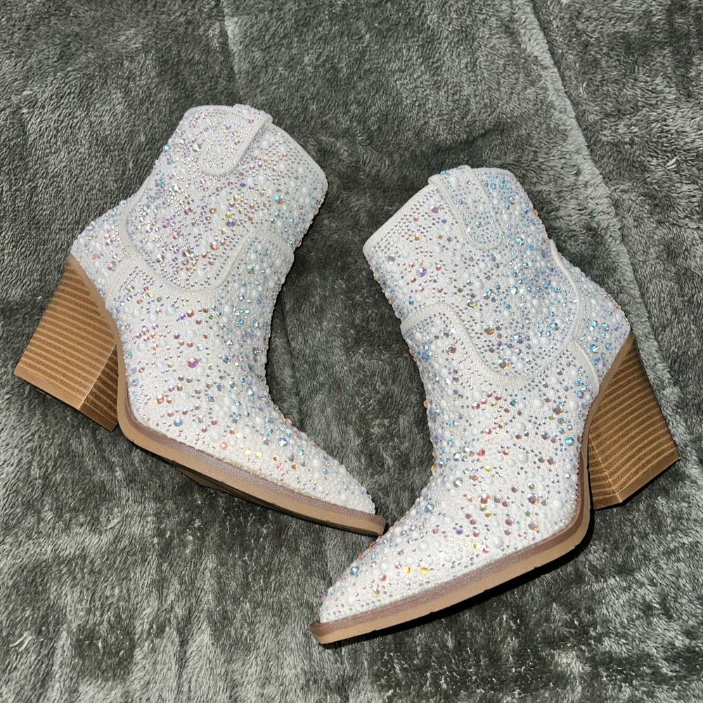 Embellished White Ankle Boots